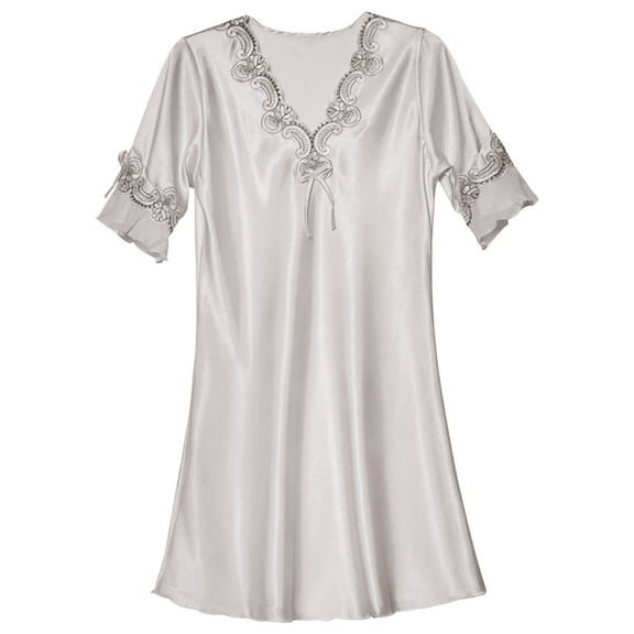 Women's Silk Nightgown Women Satin Sleepwear Dress V Neck Short Sleeve Silk Nightgown Lace Sleep Lingerie Night, Women Nightgowns & Sleepshirts XL