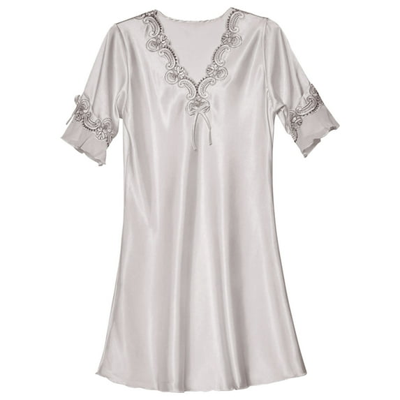 Women's Silk Nightgown Women Satin Sleepwear Dress V Neck Short Sleeve Silk Nightgown Lace Sleep Lingerie Night, Women Nightgowns & Sleepshirts XXL