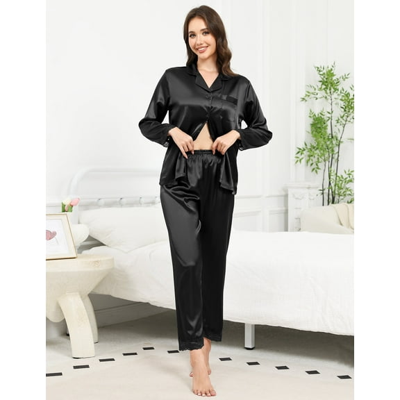 Luxury Women's Silk Satin Pajama Set - Long Sleeve Lace Trim Lapel Sleepwear Nightwear Loungewear, Black, S