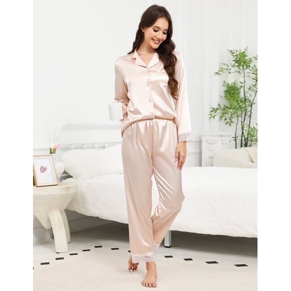 Luxury Women's Silk Satin Pajama Set - Long Sleeve Lace Trim Lapel Sleepwear Nightwear Loungewear, Champagne, L