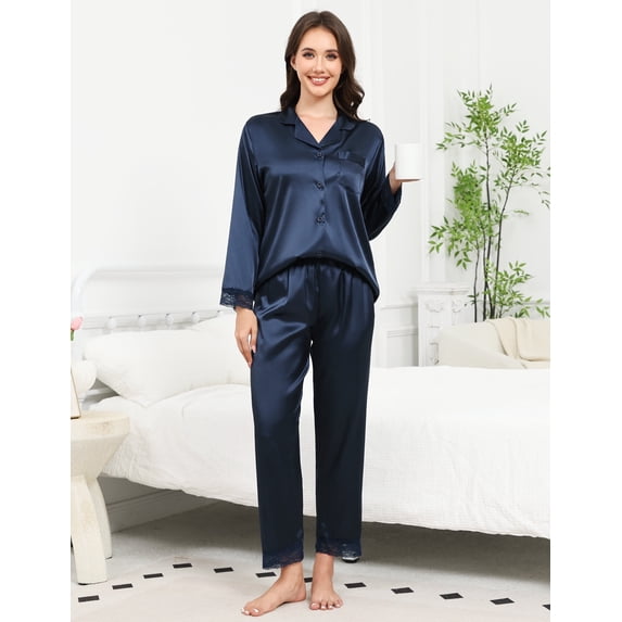 Luxury Women's Silk Satin Pajama Set - Long Sleeve Lace Trim Lapel Sleepwear Nightwear Loungewear, Navy Blue, L