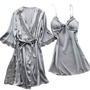 Women's Silk Pajama Sets Satin Robe with Nightgown 2 Piece Sleepwear Sexy Lace Cami Nightwear Kimono Bridesmaid Robes