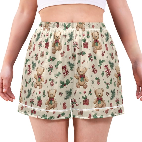 Women's Silk Pajama Shorts Bear Gift Leaves Pajama Shorts Women's Casual Pajama Shorts with Pockets