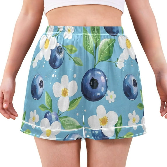 Women's Silk Pajama Shorts Blue Berry White Flower Pajama Shorts Women's Casual Pajama Shorts with Pockets