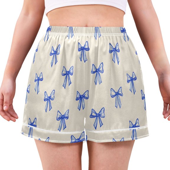 Women's Silk Pajama Shorts Blue Bow Pajama Shorts Women's Casual Pajama Shorts with Pockets