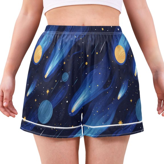 Women's Silk Pajama Shorts Blue Outer Space Pajama Shorts Women's Casual Pajama Shorts with Pockets