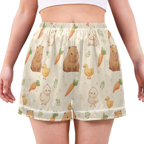 Women's Silk Pajama Shorts Capybara Carrot Duck Pajama Shorts Women's Casual Pajama Shorts with Pockets