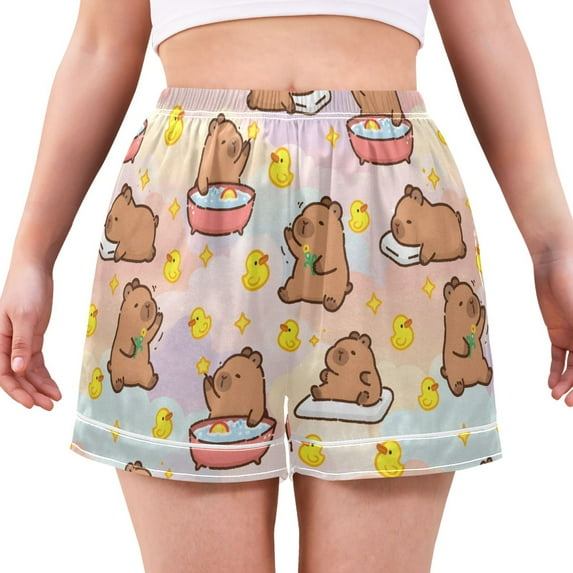 Women's Silk Pajama Shorts Capybara Duck Pajama Shorts Women's Casual Pajama Shorts with Pockets