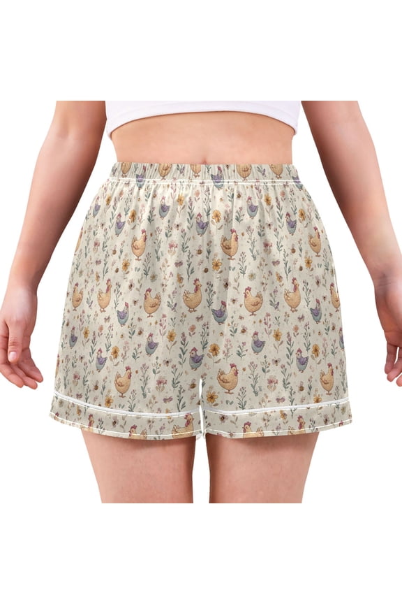 Women's Silk Pajama Shorts Cartoon Chicken Pajama Shorts Women's Casual Pajama Shorts with Pockets