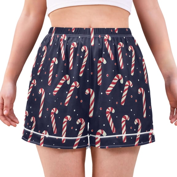 Women's Silk Pajama Shorts Christmas Candy Cane Pajama Shorts Women's Casual Pajama Shorts with Pockets