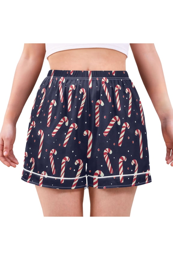Women's Silk Pajama Shorts Christmas Candy Cane Pajama Shorts Women's Casual Pajama Shorts with Pockets