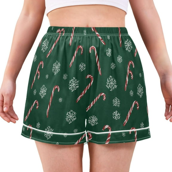 Women's Silk Pajama Shorts Christmas Candy and Snowflakes Pajama Shorts Women's Casual Pajama Shorts with Pockets