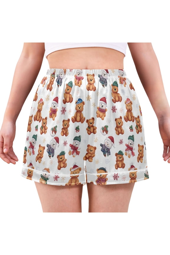 Women's Silk Pajama Shorts Christmas Cute Bear Pajama Shorts Women's Casual Pajama Shorts with Pockets