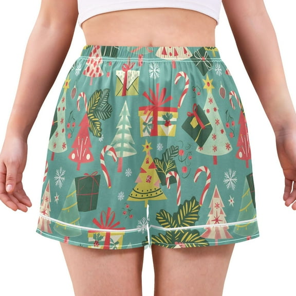 Women's Silk Pajama Shorts Christmas Decorated Christmas Tree Pajama Shorts Women's Casual Pajama Shorts with Pockets