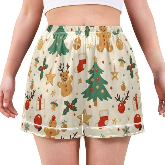 Women's Silk Pajama Shorts Christmas Gingerbread Sock Tree Pajama Shorts Women's Casual Pajama Shorts with Pockets