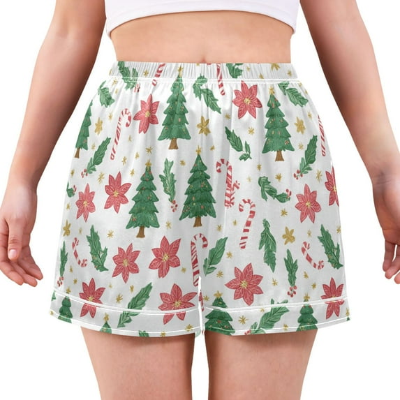 Women's Silk Pajama Shorts Christmas Tree Candy Cane Pajama Shorts Women's Casual Pajama Shorts with Pockets