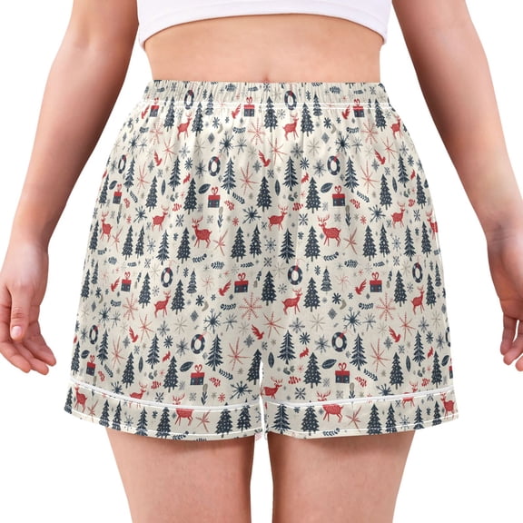 Women's Silk Pajama Shorts Christmas Tree Gift Pajama Shorts Women's Casual Pajama Shorts with Pockets