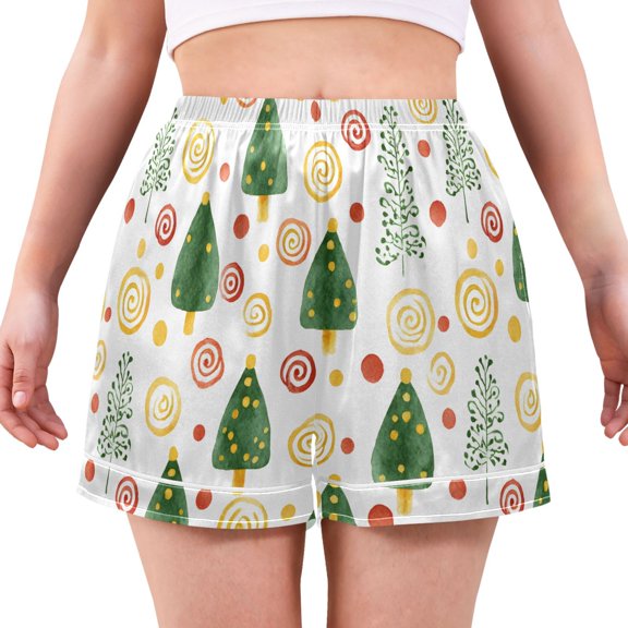 Women's Silk Pajama Shorts Christmas Tree Polka Dots Circles Pajama Shorts Women's Casual Pajama Shorts with Pockets