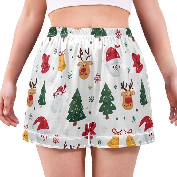 Women's Silk Pajama Shorts Christmas Tree Santa Hat Elk Bell Pajama Shorts Women's Casual Pajama Shorts with Pockets