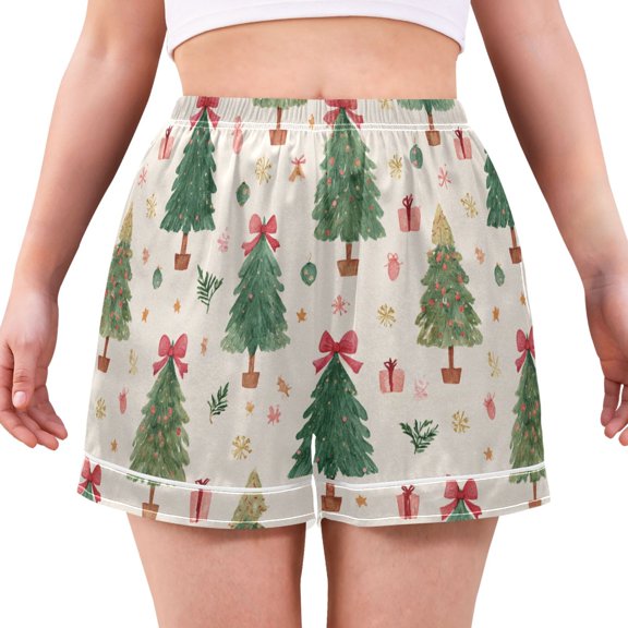 Women's Silk Pajama Shorts Christmas Tree and Bows Pajama Shorts Women's Casual Pajama Shorts with Pockets