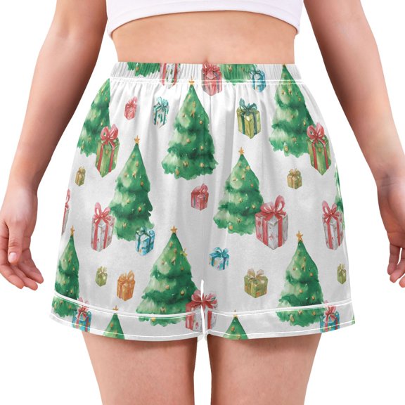 Women's Silk Pajama Shorts Christmas Tree with Gift Pajama Shorts Women's Casual Pajama Shorts with Pockets