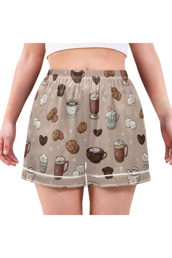 Women's Silk Pajama Shorts Coffee Cookies Pajama Shorts Women's Casual Pajama Shorts with Pockets