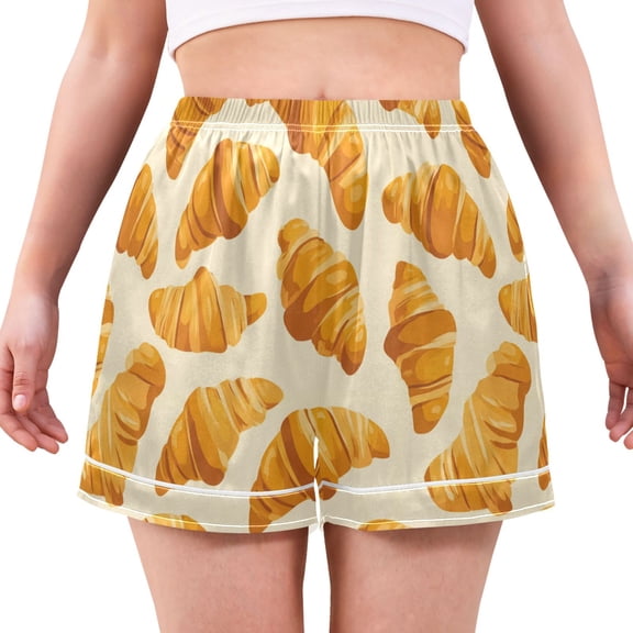 Women's Silk Pajama Shorts Croissant Pajama Shorts Women's Casual Pajama Shorts with Pockets