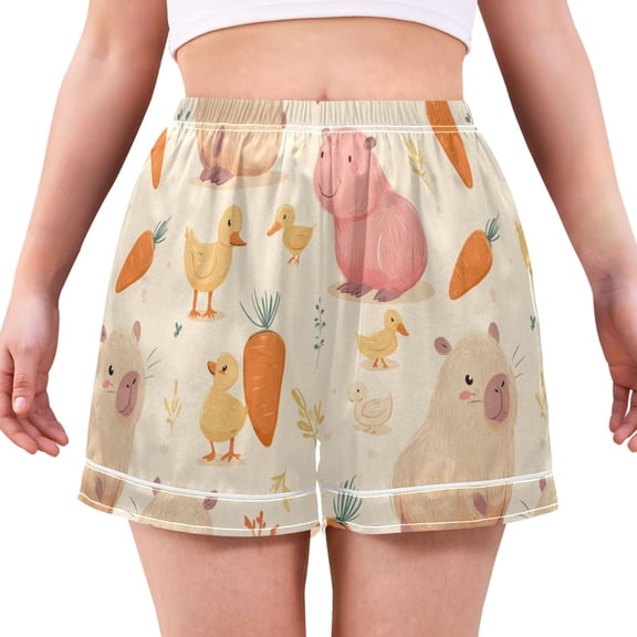 Women's Silk Pajama Shorts Cute Cartoon Capybara Pajama Shorts Women's Casual Pajama Shorts with Pockets