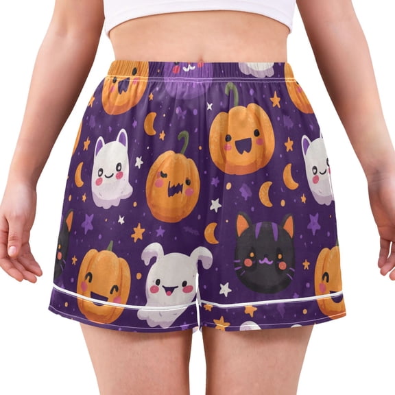 Women's Silk Pajama Shorts Cute Cartoon Pumpkin Ghost Pajama Shorts Women's Casual Pajama Shorts with Pockets