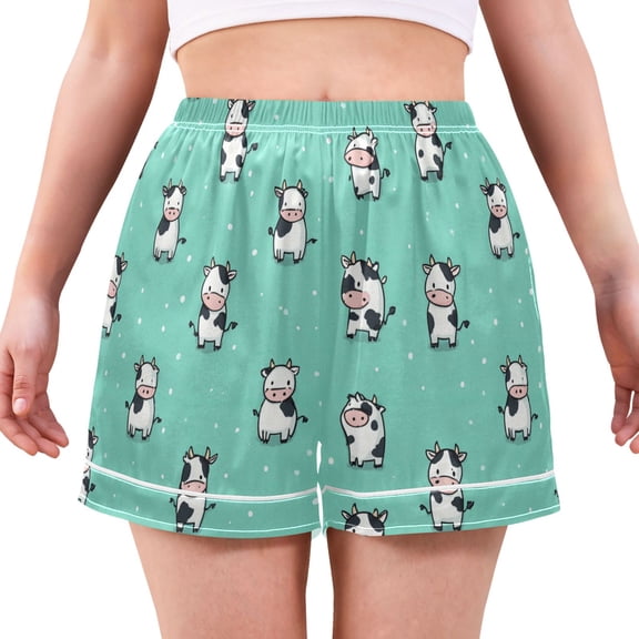 Women's Silk Pajama Shorts Cute Cow Pajama Shorts Women's Casual Pajama Shorts with Pockets