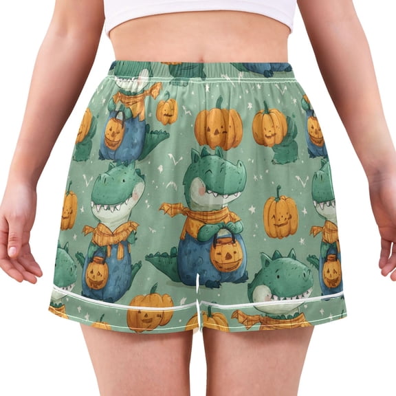 Women's Silk Pajama Shorts Cute Crocodile Holding A Pumpkin Lantern Pajama Shorts Women's Casual Pajama Shorts with Pockets