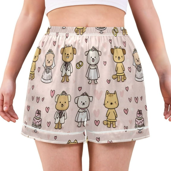 Women's Silk Pajama Shorts Cute Dogs and Cats Pajama Shorts Women's Casual Pajama Shorts with Pockets