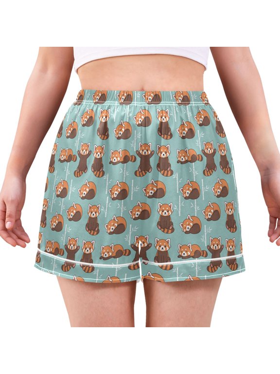 Women's Silk Pajama Shorts Cute Red Panda Pajama Shorts Women's Casual Pajama Shorts with Pockets