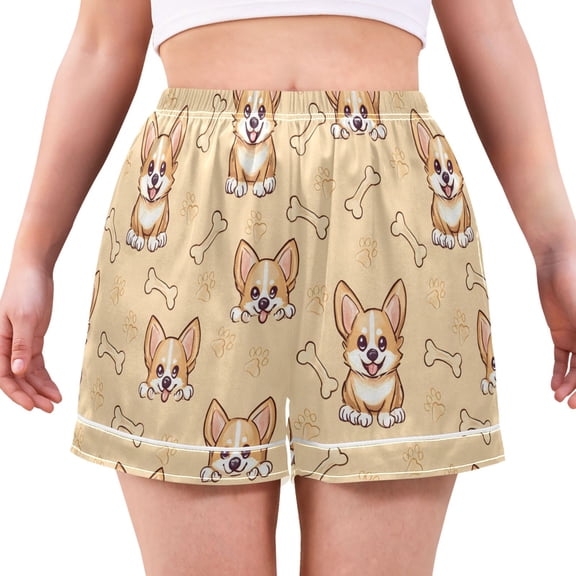 Women's Silk Pajama Shorts Dog Paw Print Pajama Shorts Women's Casual Pajama Shorts with Pockets