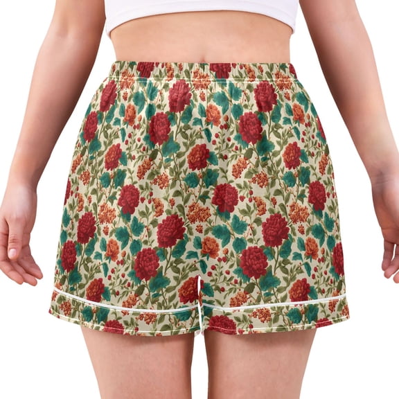 Women's Silk Pajama Shorts Flowers Bright Red Pajama Shorts Women's Casual Pajama Shorts with Pockets