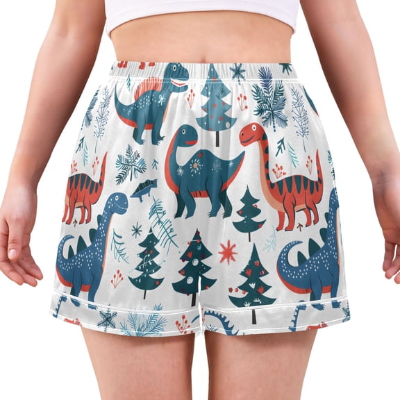 Women's Silk Pajama Shorts Funny Dinosaurs Pajama Shorts Women's Casual Pajama Shorts with Pockets