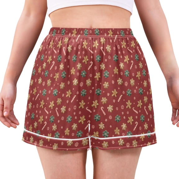 Women's Silk Pajama Shorts Gingerbread Man Candy Cane Pajama Shorts Women's Casual Pajama Shorts with Pockets