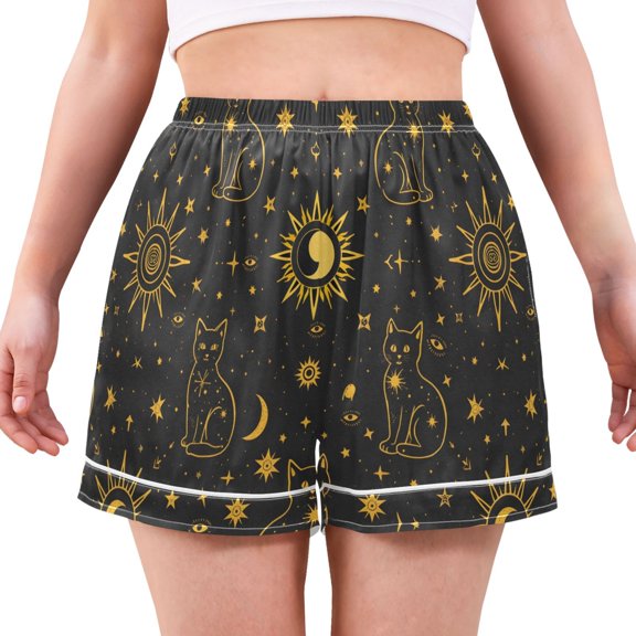 Women's Silk Pajama Shorts Golden Edged Cat Pajama Shorts Women's Casual Pajama Shorts with Pockets