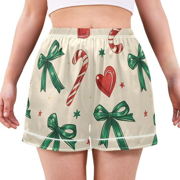 Women's Silk Pajama Shorts Green Bow Candy Cane Heart Star Pattern Pajama Shorts Women's Casual Pajama Shorts with Pockets