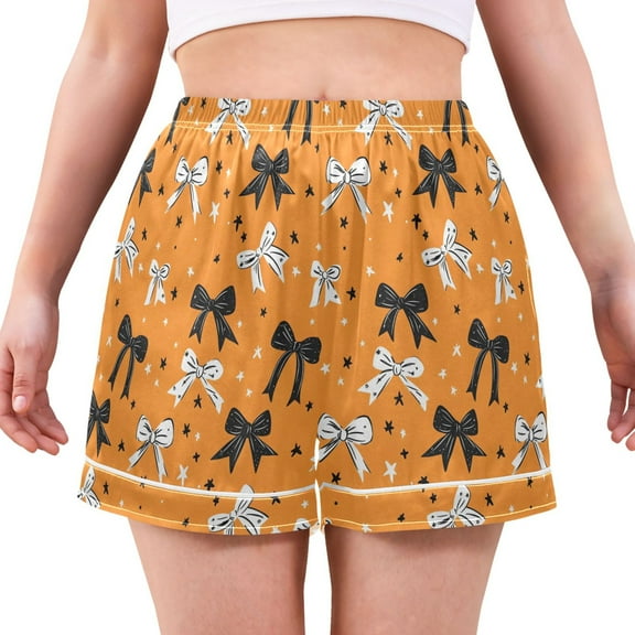 Women's Silk Pajama Shorts Halloween Themed Bows Orange Background Pajama Shorts Women's Casual Pajama Shorts with Pockets