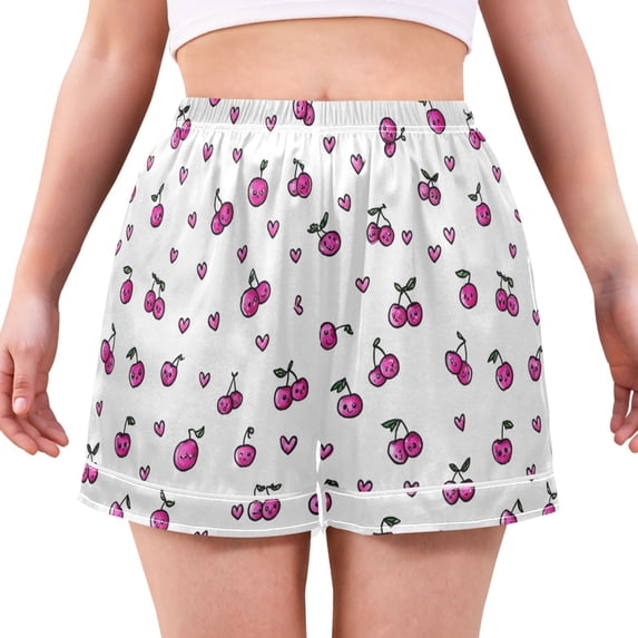 Women's Silk Pajama Shorts Mini Cute Cherry Pajama Shorts Women's Casual Pajama Shorts with Pockets