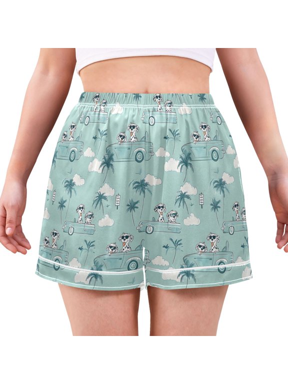 Women's Silk Pajama Shorts Palm Dog Cloud Car Pajama Shorts Women's Casual Pajama Shorts with Pockets