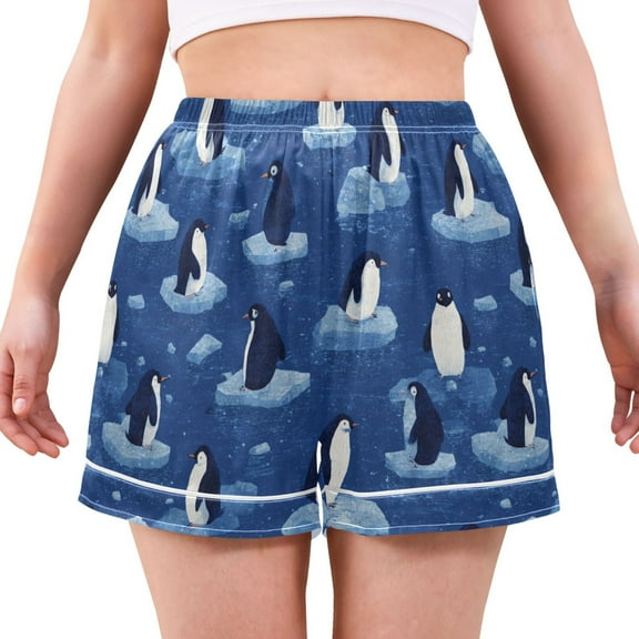 Women's Silk Pajama Shorts Penguins on Ice Pajama Shorts Women's Casual Pajama Shorts with Pockets