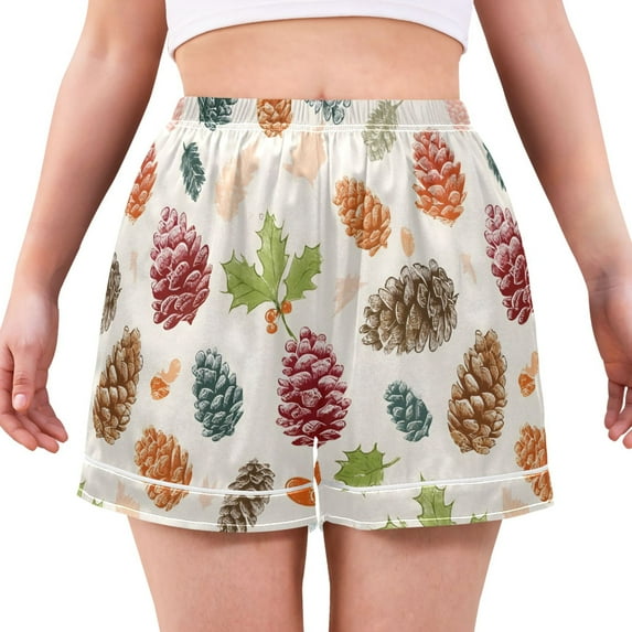Women's Silk Pajama Shorts Pine Cones Leaves Pajama Shorts Women's Casual Pajama Shorts with Pockets