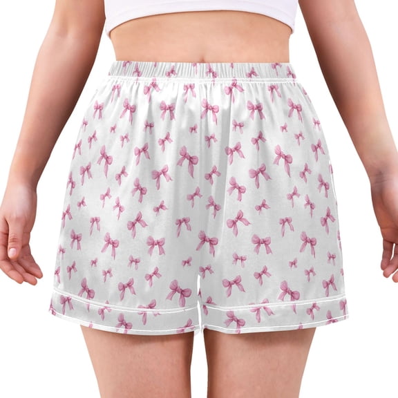 Women's Silk Pajama Shorts Pink Bow Pajama Shorts Women's Casual Pajama Shorts with Pockets
