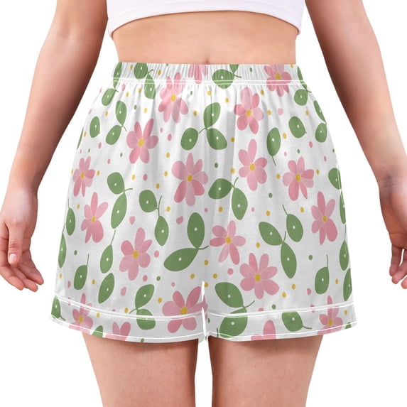 Women's Silk Pajama Shorts Pink Green Leaf Flowers Pajama Shorts Women's Casual Pajama Shorts with Pockets