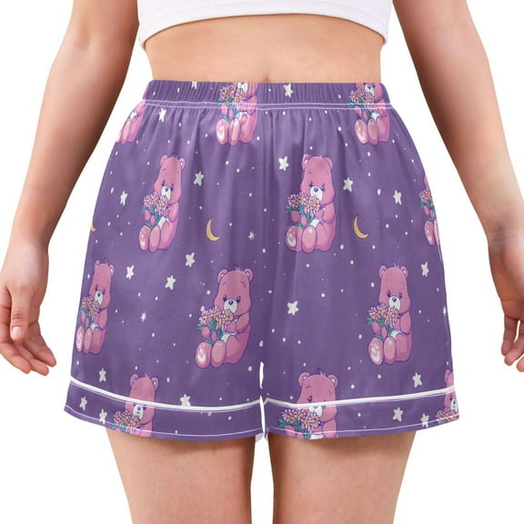 Women's Silk Pajama Shorts Powder-colored Bear Cub Hoshiboshi Fuuka Pajama Shorts Women's Casual Pajama Shorts with Pockets