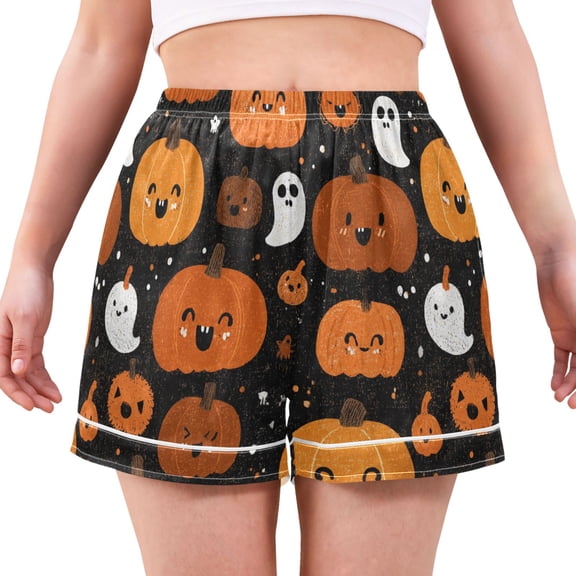 Women's Silk Pajama Shorts Pumpkin Pattern and Cartoon Hhost Pajama Shorts Women's Casual Pajama Shorts with Pockets