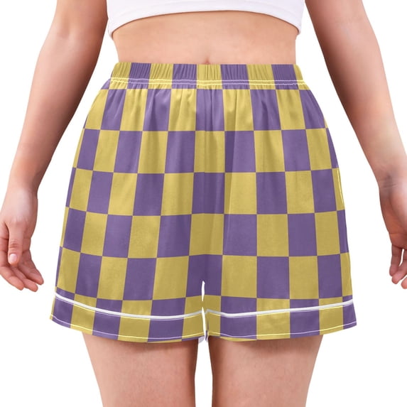 Women's Silk Pajama Shorts Purple Yellow Checked Pajama Shorts Women's Casual Pajama Shorts with Pockets