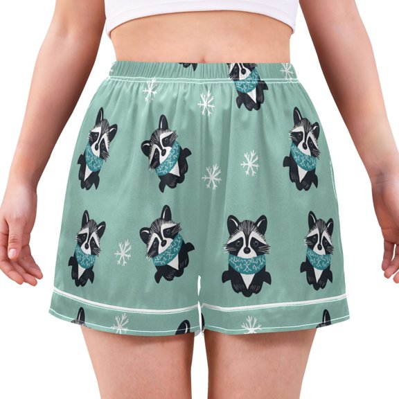 Women's Silk Pajama Shorts Raccoon Snowflake Pajama Shorts Women's Casual Pajama Shorts with Pockets